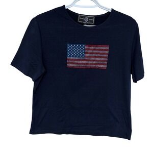 St. John Sport By Marie Gray T-Shirt Small Womens American Flag Rhinestones Navy